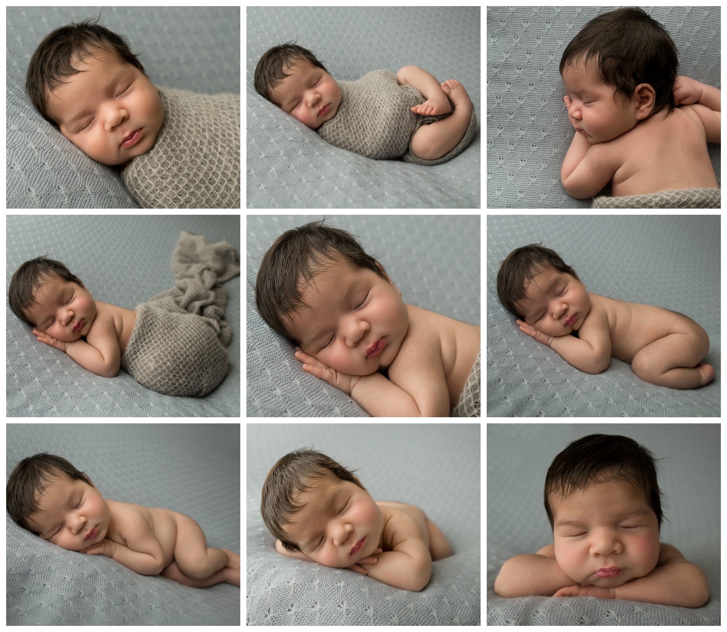 9 image collage of newborn baby in 9 different poses 