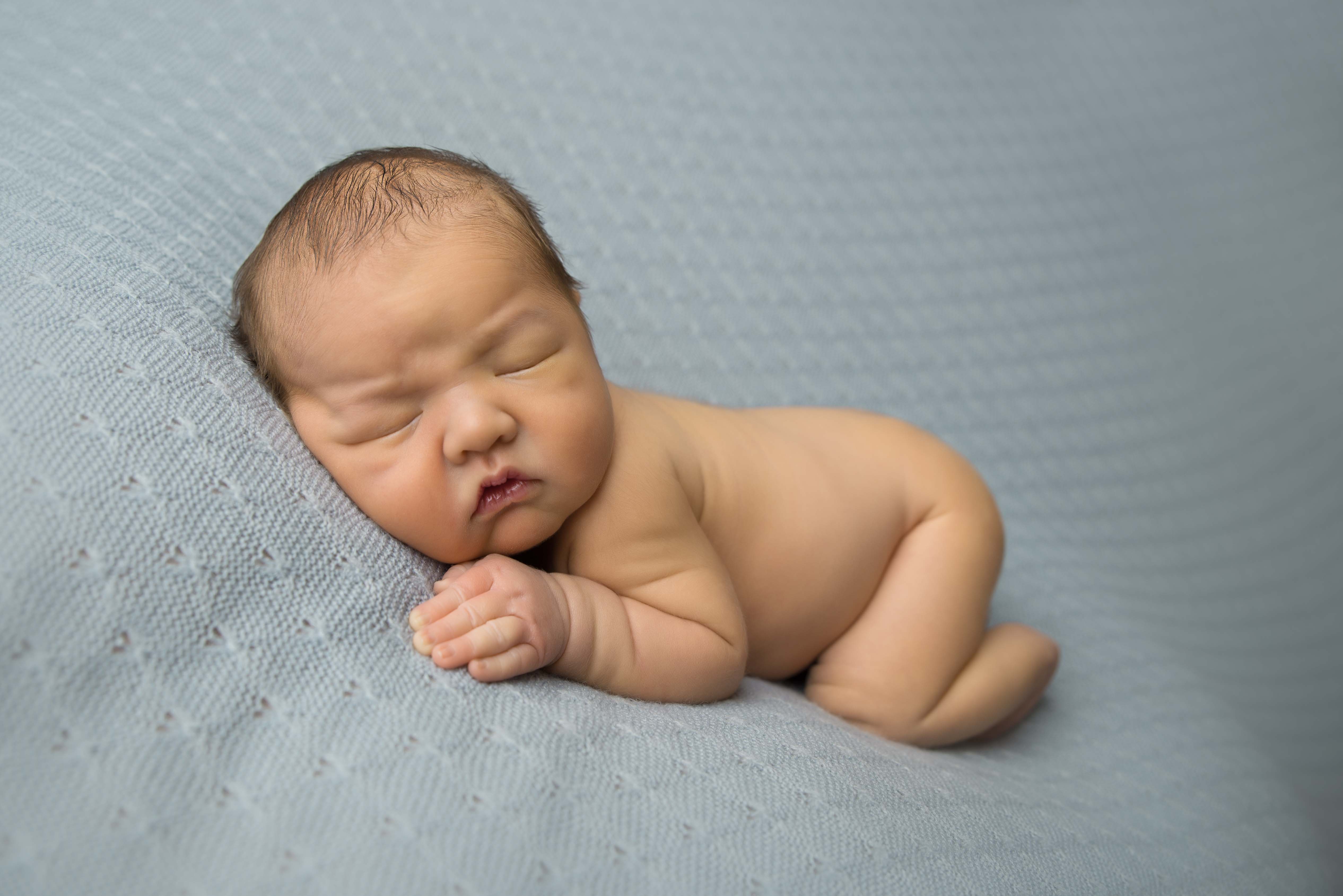 Newborn baby posed on blue blanket for newborn photography Melbourne. 