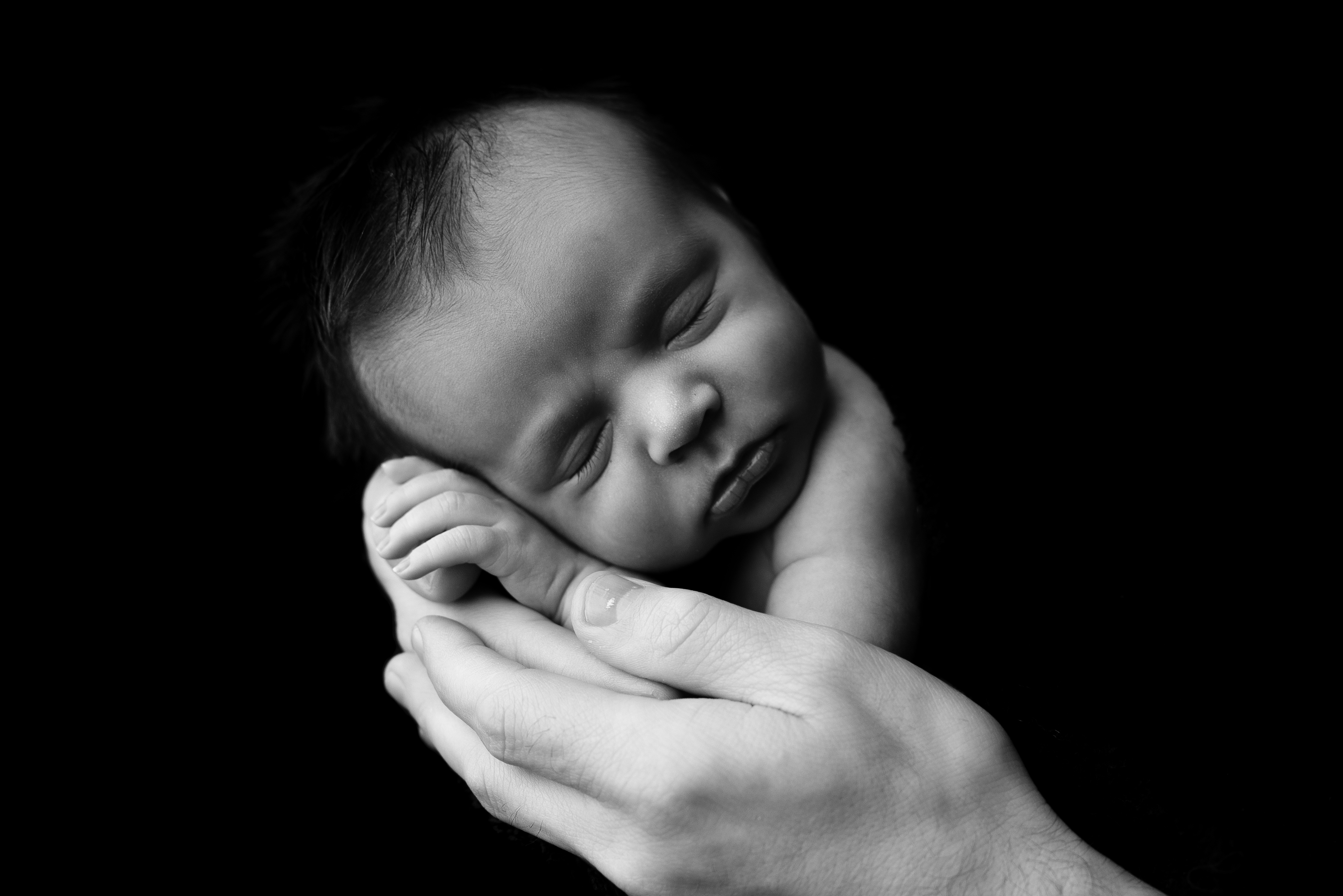 Newborn baby boy posed in dads hands for black and white photograph.